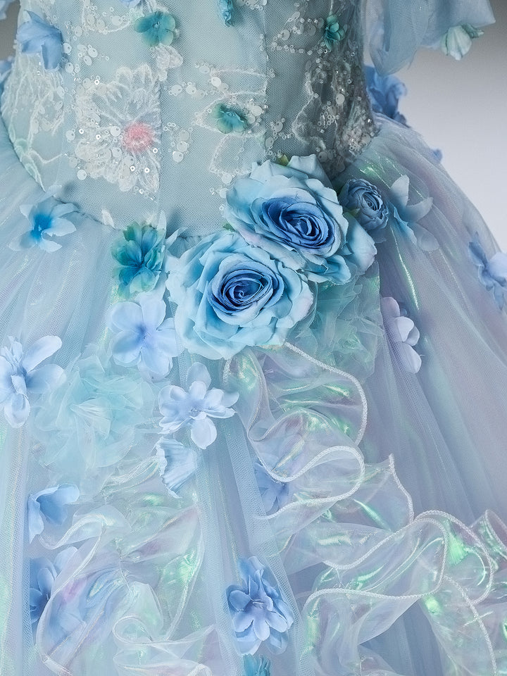Light Blue Off-Shoulder Evening Gown with Floral Appliqué – Fairy Sparkle Evening Dress with Corset Back Plus Size