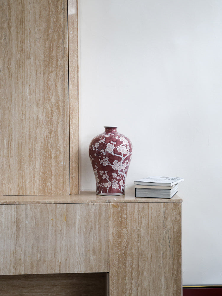 Oriental Vermilion Handmade Porcelain Vase with Royal Red Glaze Imported from France