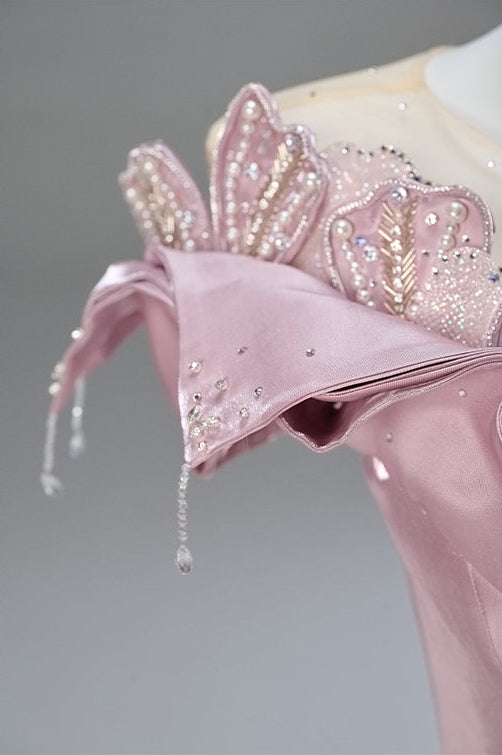 Blush Pink Satin Evening Gown with Leaf Appliqué – Off-Shoulder Evening Dress with Corset Back Plus Size