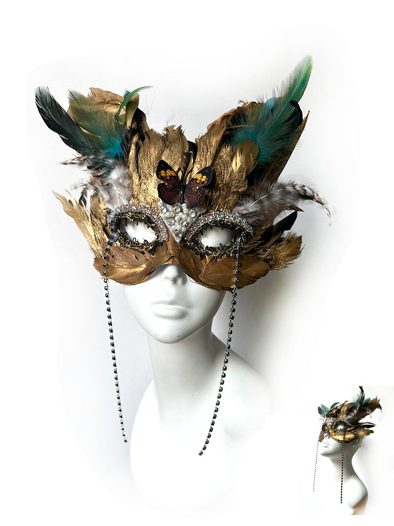 Vintage-Inspired Handcrafted Venetian Gold Feather Mask – Gothic Peacock Masquerade Ball Face Mask with Pearls and Crystals