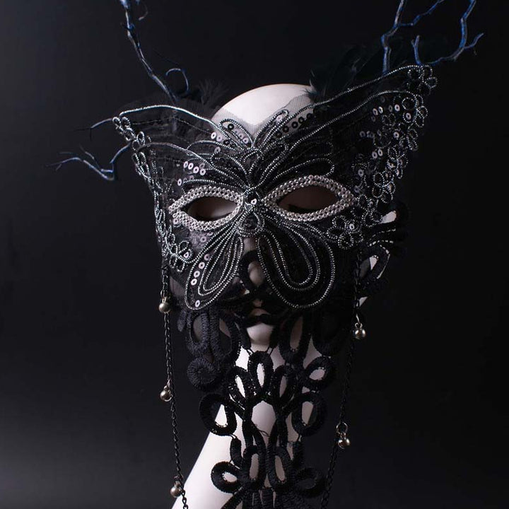 Handmade Gothic Butterfly Mask with Pearls – Fantasy Lace Mardi Gras Mask with Chains