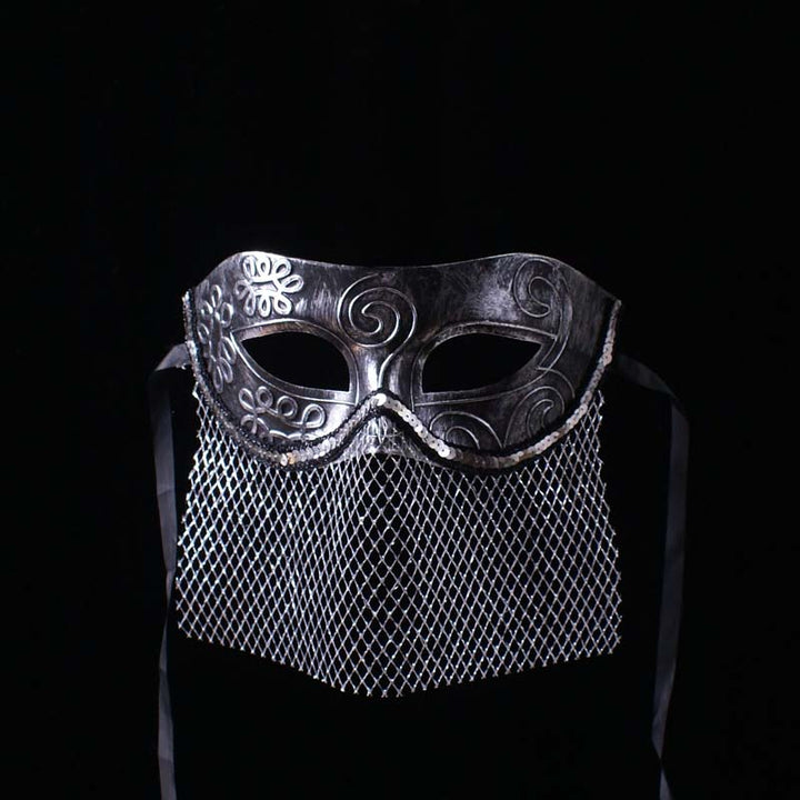 Vintgae-Inspired Medieval Silver Masquerade Mask – Masquerade Partymardi Gras Mask with Engraved Metal Design and Mesh Veil