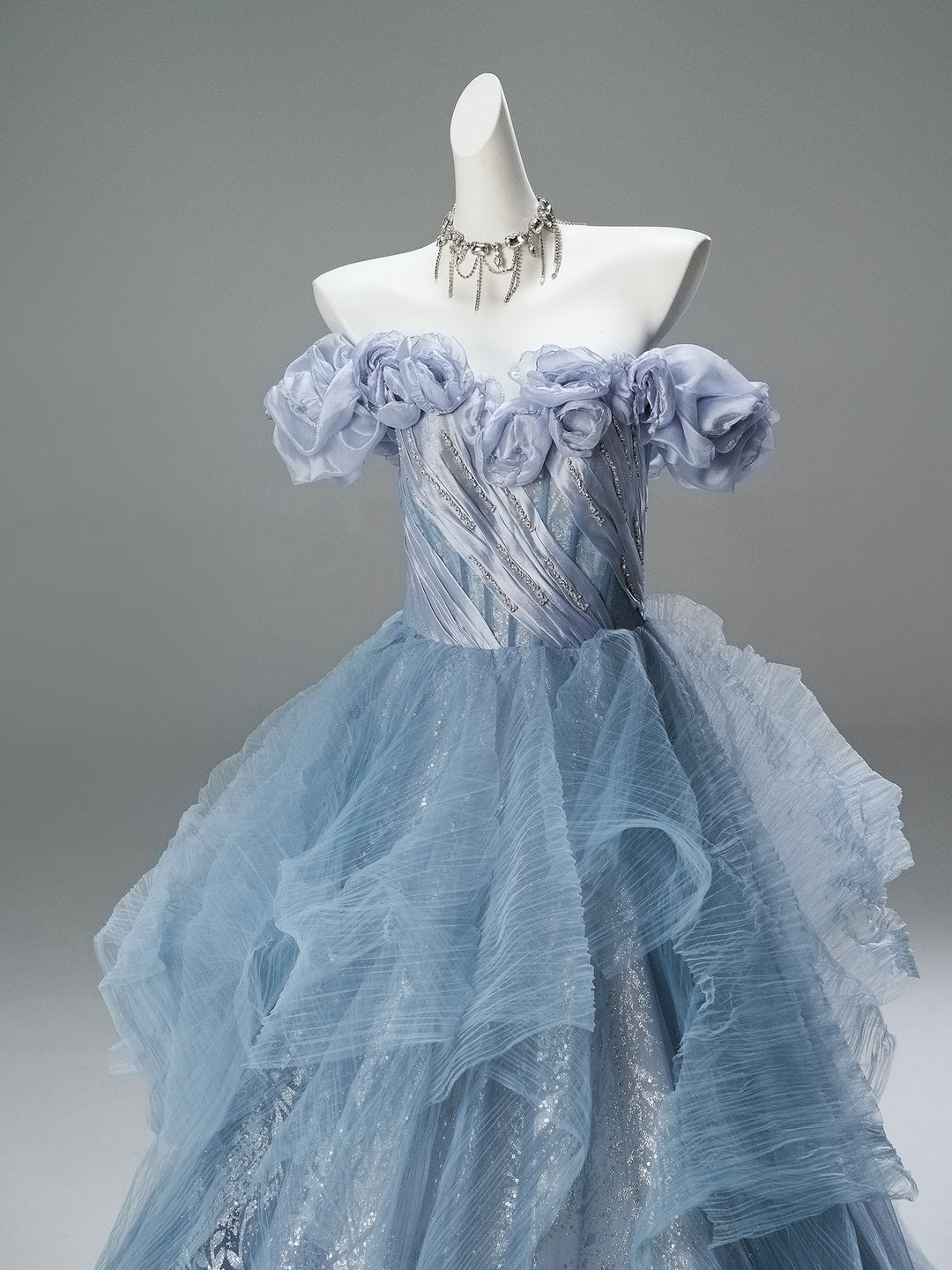 Dusty Blue Off-Shoulder Evening Gown with Floral Appliqué – Sequin Evening Dress with Tulle and Corset Back Plus Size