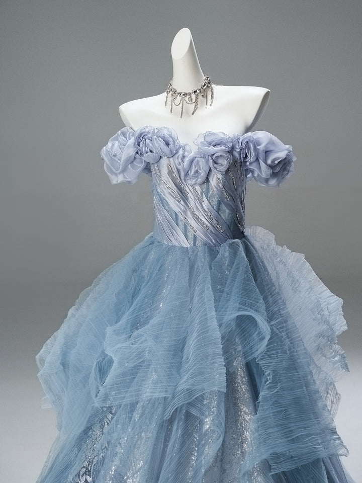 Dusty Blue Off-Shoulder Evening Gown with Floral Appliqué – Sequin Evening Dress with Tulle and Corset Back Plus Size