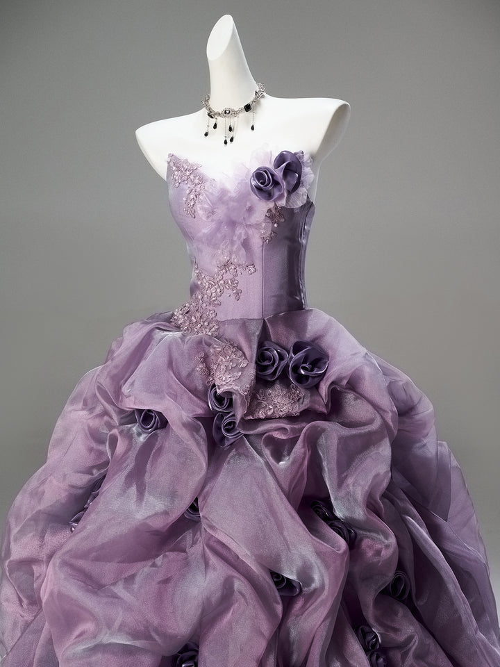 Romantic Lavender Purple Tiered Gown with Floral Appliqué –  Strapless Evening Dress with Corset Back and Lace Plus Size