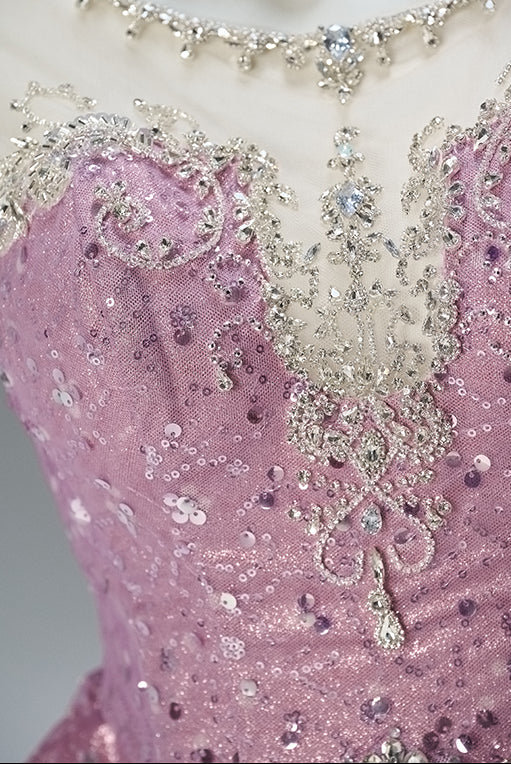 Dusty Rose Pink Short Glitter Dress with Illusion Neckline – Sparkly Sequin Evening Dress with Corset Back Plus Size