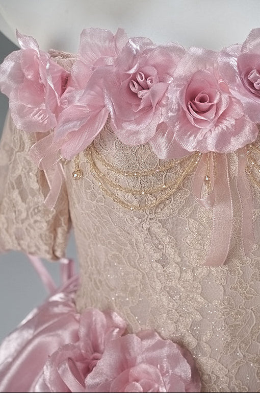 Blush Pink Off-Shoulder Evening Gown with Floral Appliqué – Satin Evening Dress with Lace-Up Back Plus Size