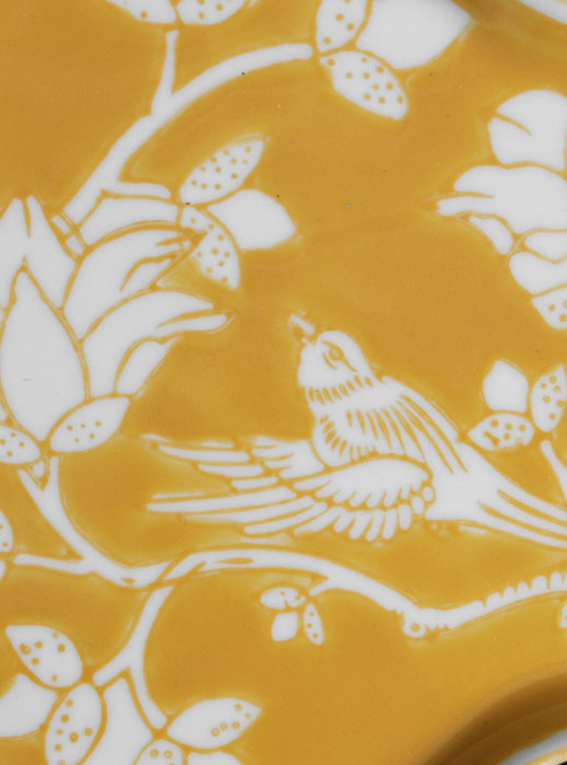 Antique Handcrafted Yellow Gourd Pedestal Bowl and Painted Porcelain Plates