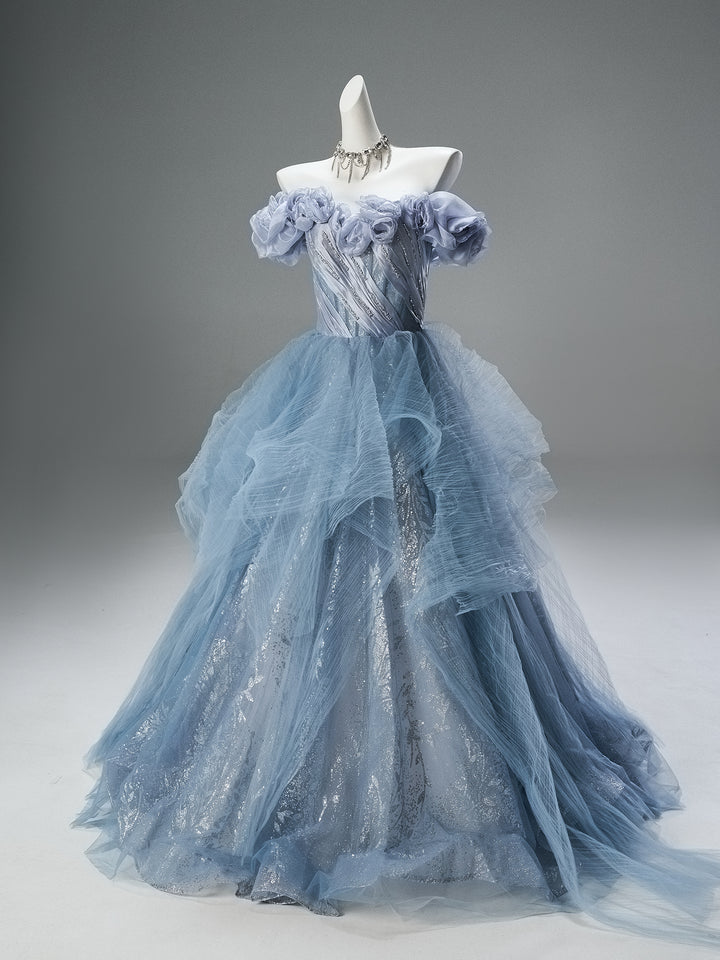 Dusty Blue Off-Shoulder Evening Gown with Floral Appliqué – Sequin Evening Dress with Tulle and Corset Back Plus Size