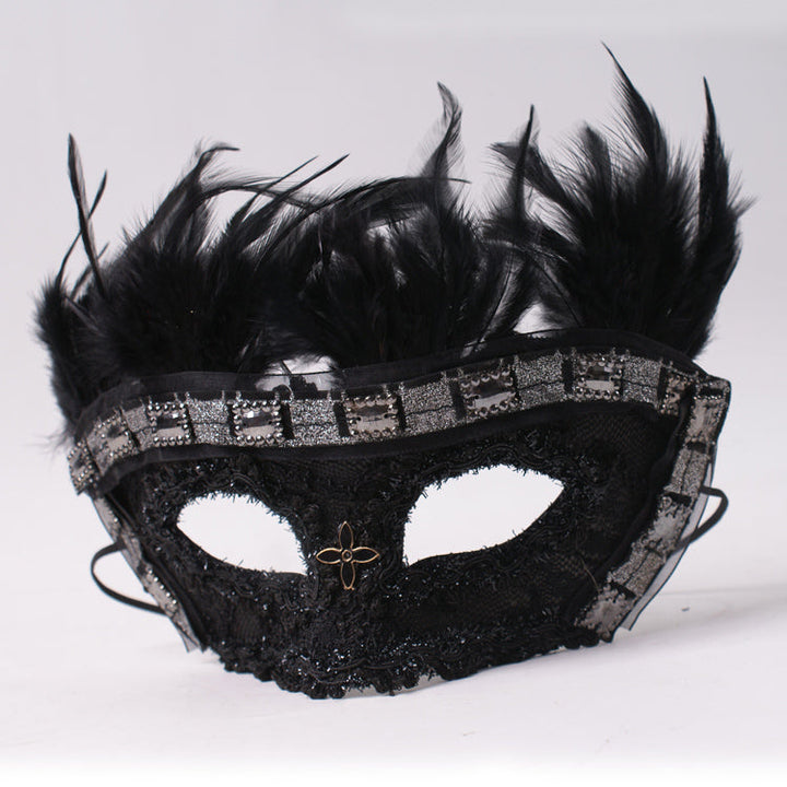 Victorian-Inspired Handcrafted Gothic Black Masquerade Mask for Men – Lace Mardi Gras Mask with Feather