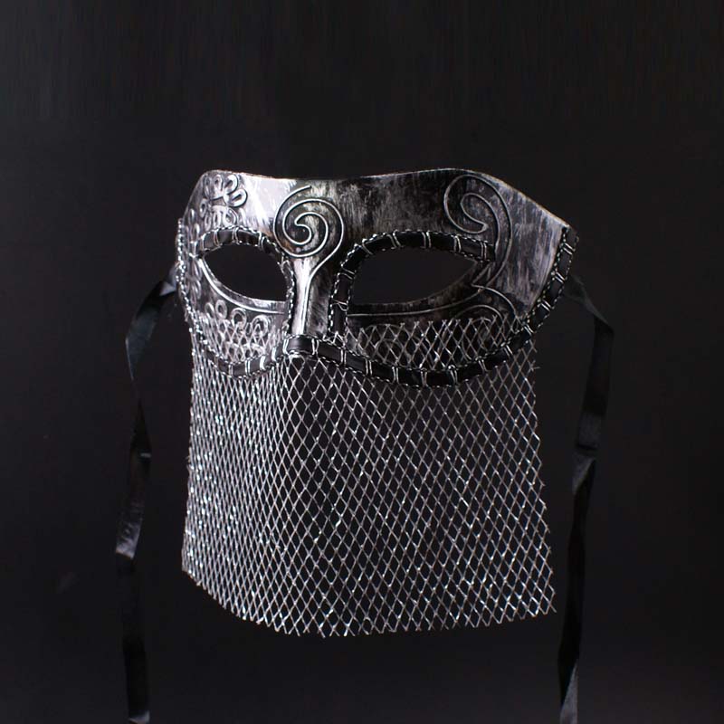 Vintgae-Inspired Medieval Silver Masquerade Mask – Masquerade Partymardi Gras Mask with Engraved Metal Design and Mesh Veil