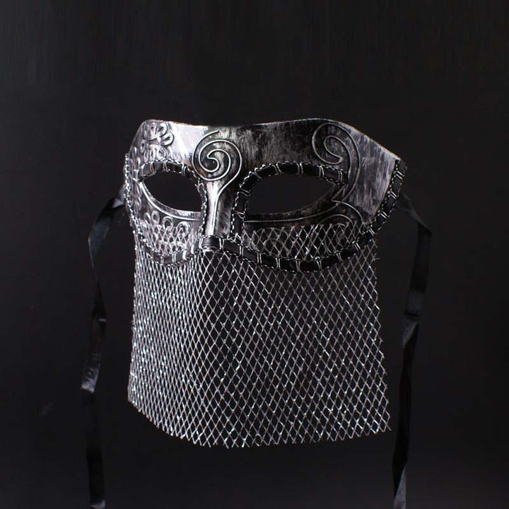 Vintgae-Inspired Medieval Silver Masquerade Mask – Masquerade Partymardi Gras Mask with Engraved Metal Design and Mesh Veil