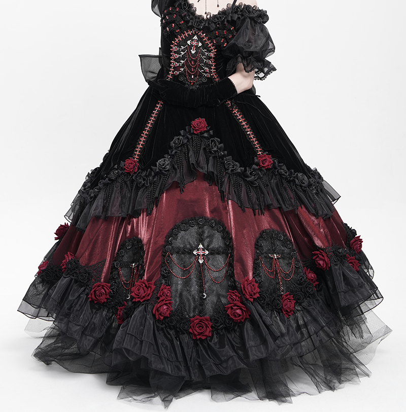 Victorian-Inspired Black Gothic Lolita Ball Gown with Burgundy Satin and Edwardian Lace – Gothic Evening Dress Plus Size
