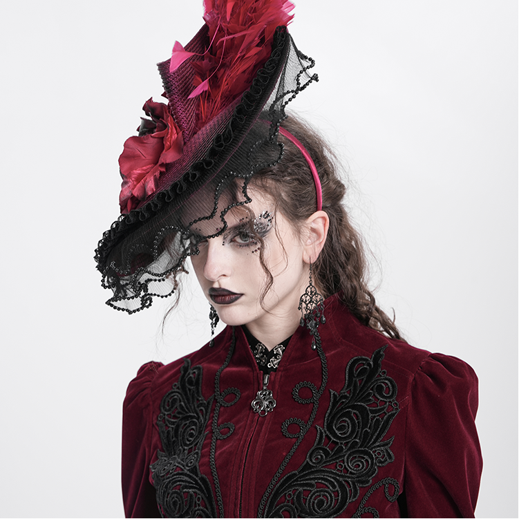 Victorian-Inspired Black and Silver Gothic Lace Fascinator Hat with Roses and Feathers