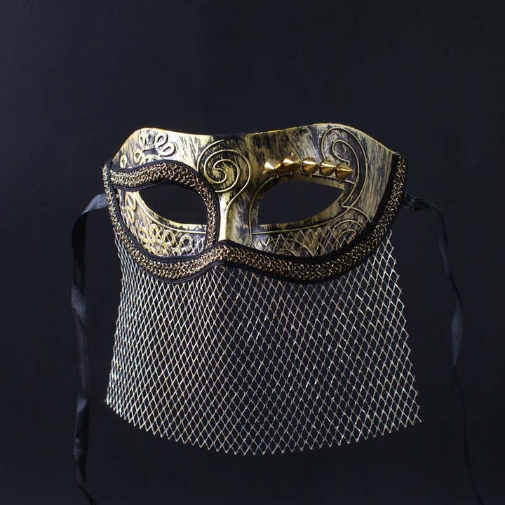 Vintgae-Inspired Medieval Gold Masquerade Mask – Masquerade Partymardi Gras Mask with Engraved Metal Design and Mesh Veil