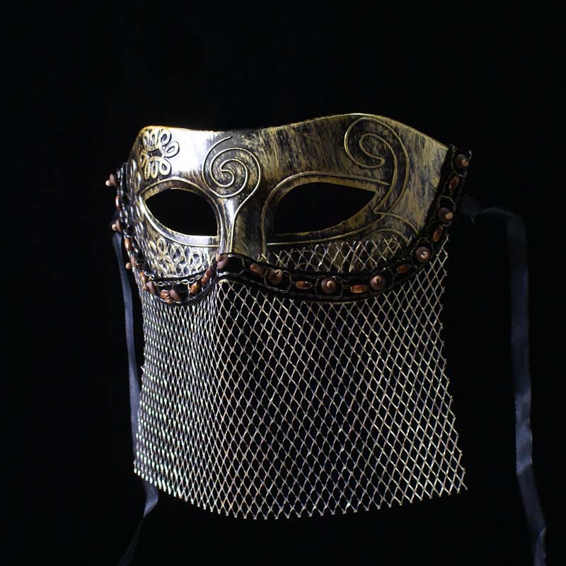 Vintgae-Inspired Medieval Gold Masquerade Mask – Masquerade Partymardi Gras Mask with Engraved Metal Design and Mesh Veil