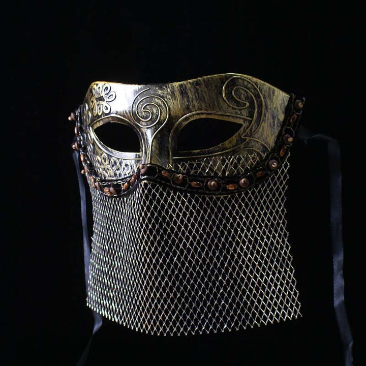 Vintgae-Inspired Medieval Gold Masquerade Mask – Masquerade Partymardi Gras Mask with Engraved Metal Design and Mesh Veil