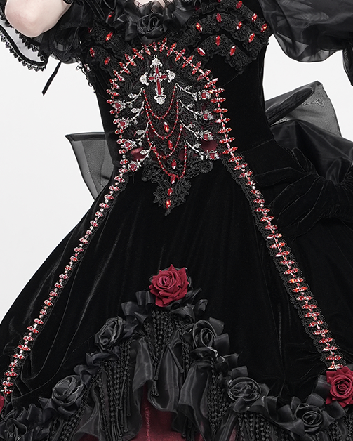 Victorian-Inspired Black Gothic Lolita Ball Gown with Burgundy Satin and Edwardian Lace – Gothic Evening Dress Plus Size