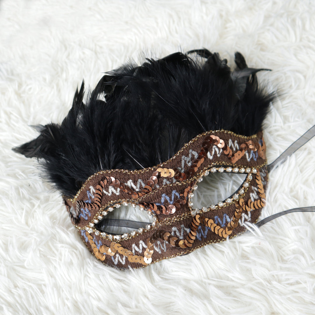 Handmade Venetian Black and Gold Feather Masquerade Mask – Baroque Lace Mask with Sequin