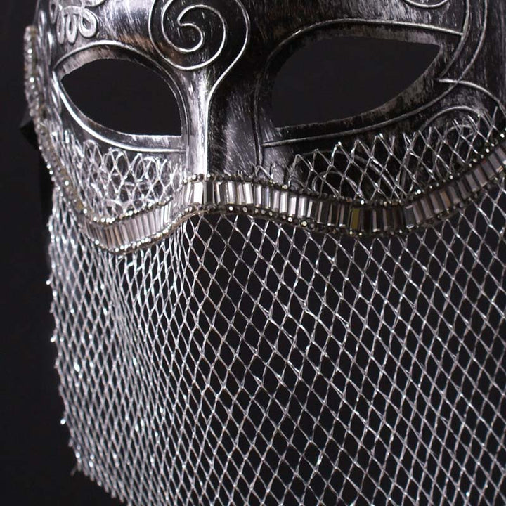 Vintgae-Inspired Medieval Silver Masquerade Mask – Masquerade Partymardi Gras Mask with Engraved Metal Design and Mesh Veil