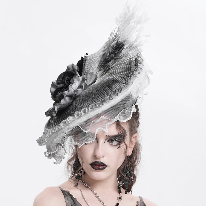Victorian-Inspired Black and Silver Gothic Lace Fascinator Hat with Roses and Feathers