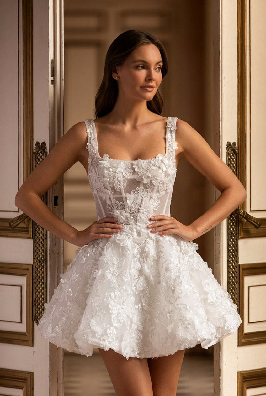 Short Floral Appliqué Wedding Dress with Corset Bodice and Straps – Br –  WonderlandByLilian