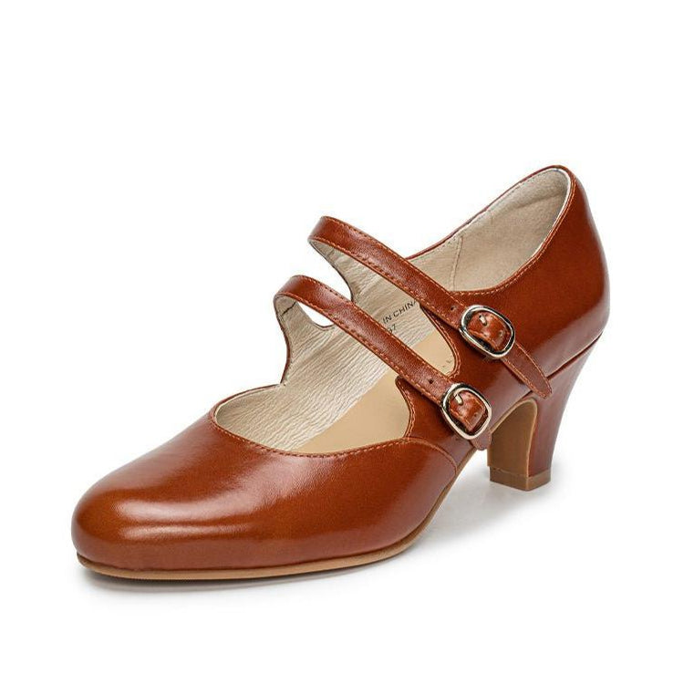 1930s Inspired Double Strap Mary Jane Heels - Retro Brown Leather - WonderlandByLilian