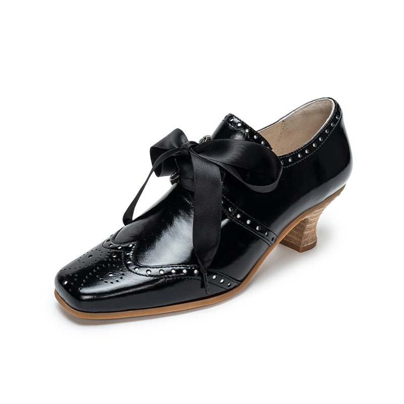 1930s Vintage - Inspired Patent Leather Lace - Up Brogues - Retro Low Heel Oxford Shoes - WonderlandByLilian