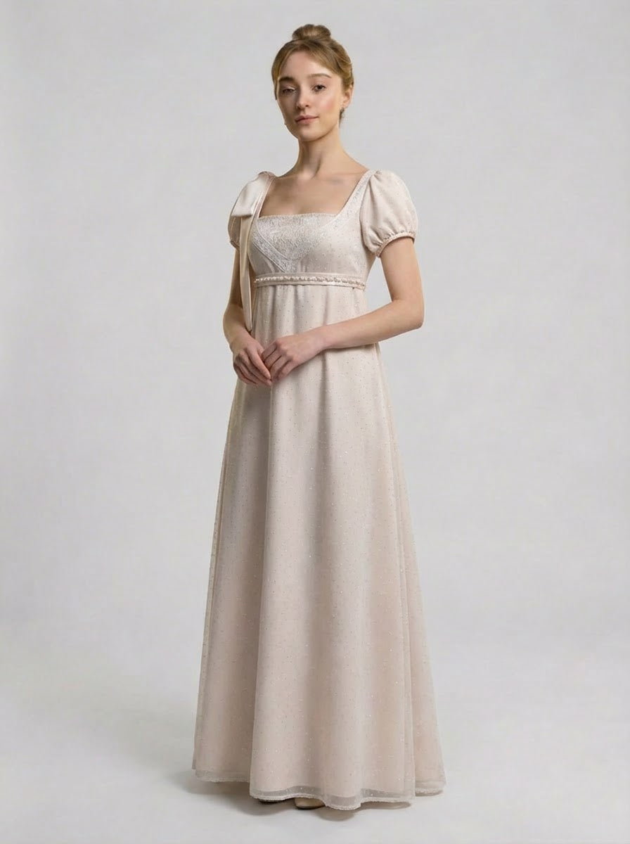 Regency Era Ivory Empire Waist Satin Dress with Puff Sleeves and Square Neckline – Vintage Inspired Gown Plus Size Size 28W / Ivory / Without Shawl