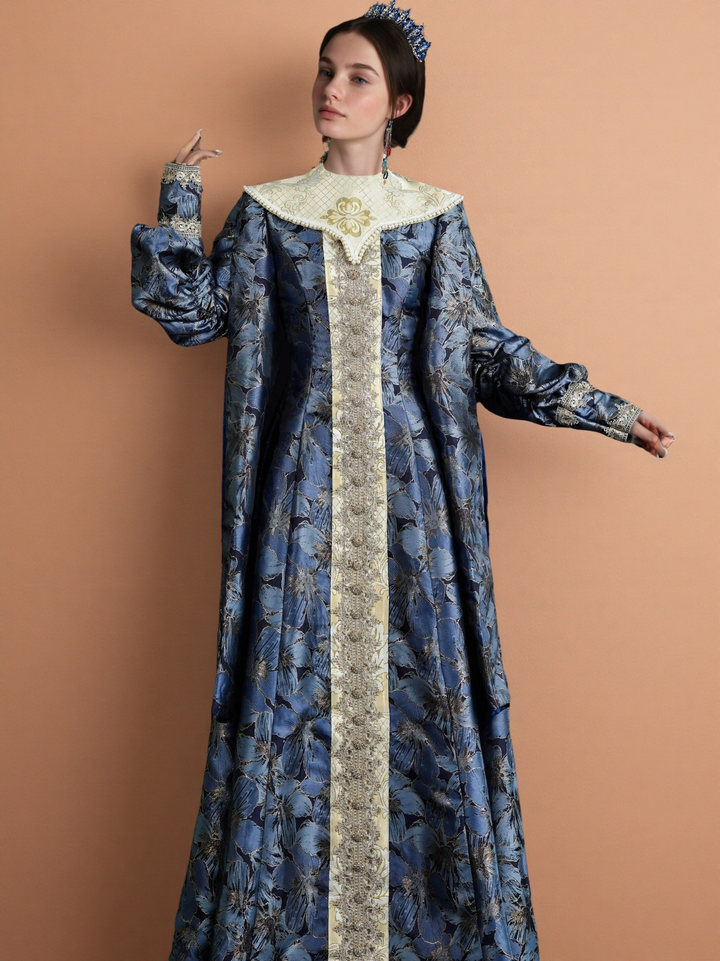 Vintage Royal Blue Medieval Dress – Byzantine Court Dress with High Collar Embroidery