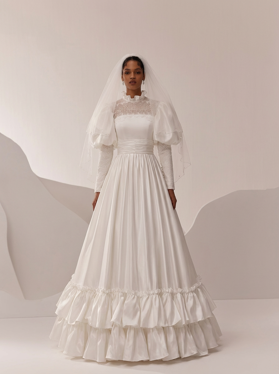 Victorian High Neck Wedding Dress with Puff Sleeves  Long Sleeves Wed   WonderlandByLilian