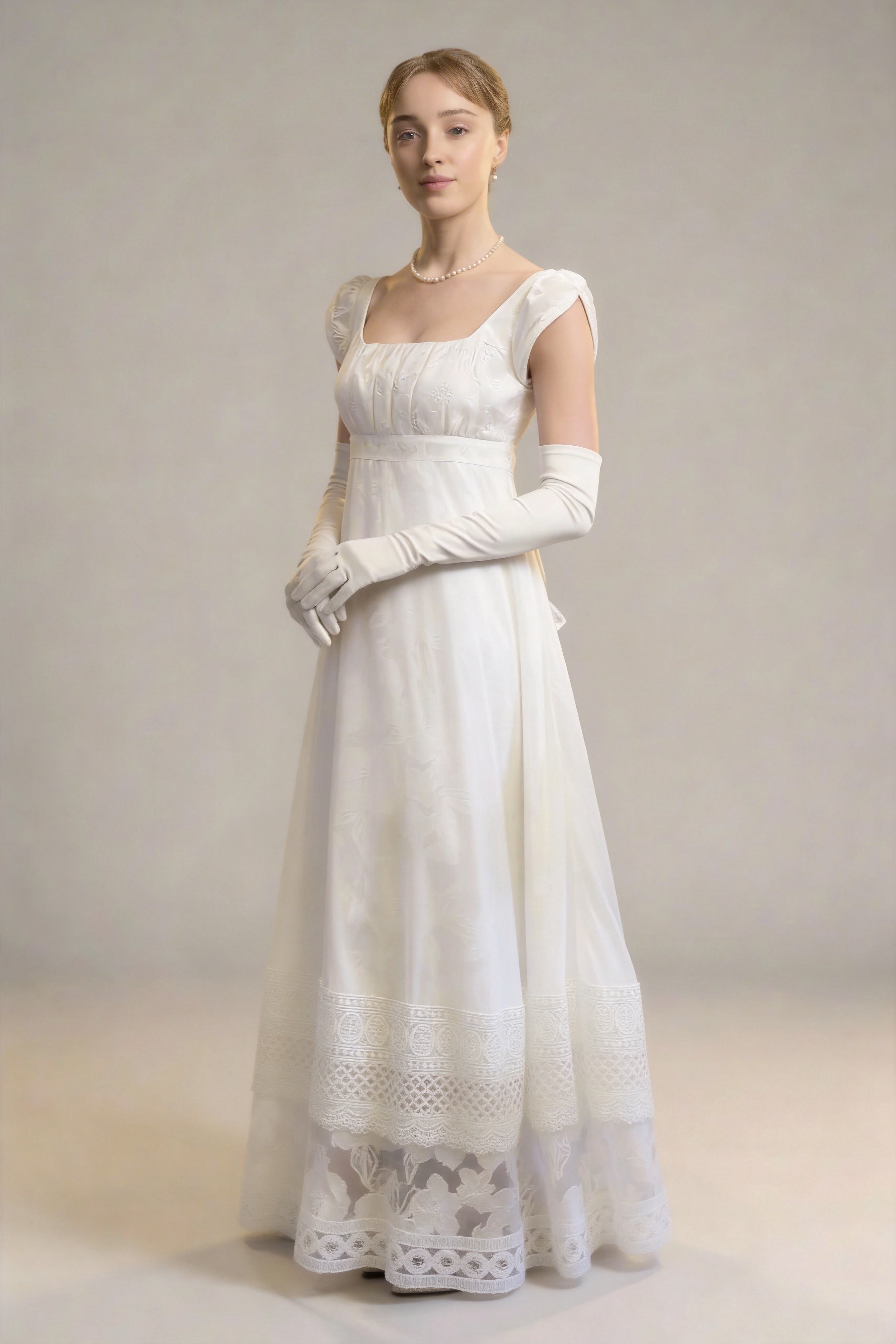 Bridgerton Inspired White Regency Era Dress with Lace