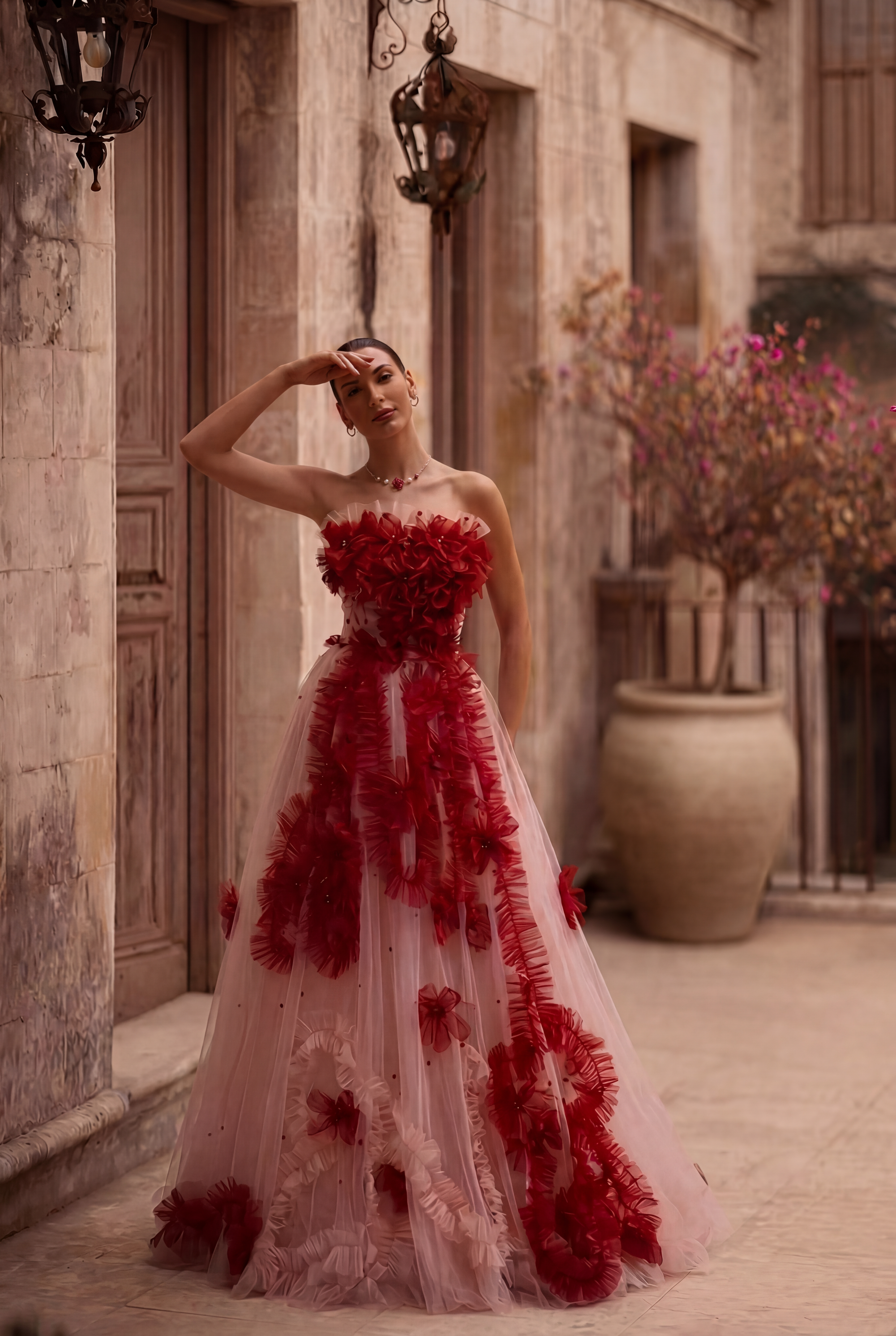 Pink & Red Floral Corset Tulle Dress