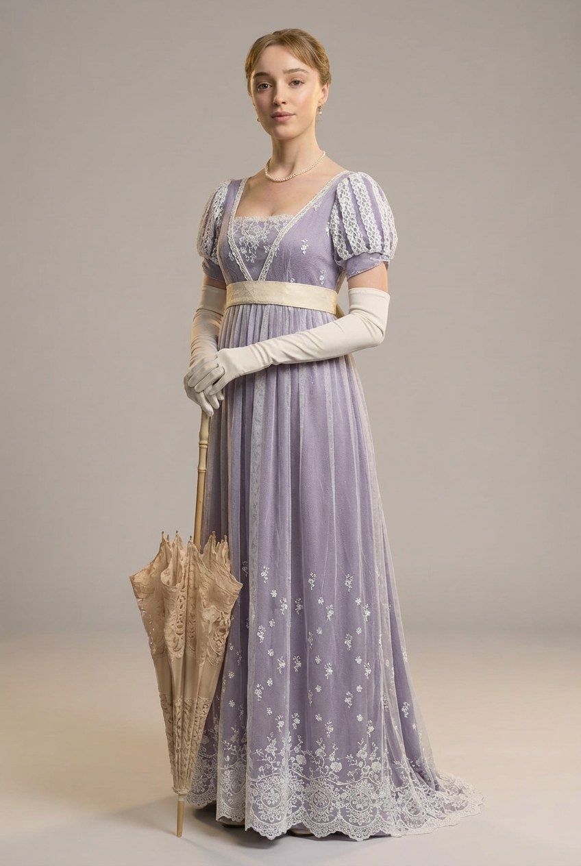 Regency Era Purple Lace Dress Embroidered Empire Waist Ball Gown Plus Size Regency Era Purple Lace Dress Embroidered Empire Waist Ball Gown Plus Size