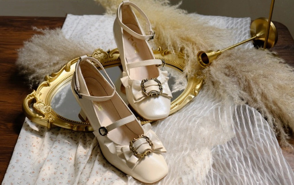 Cream Regency Heels and Lolita Mules with Bow - Lolita Shoes