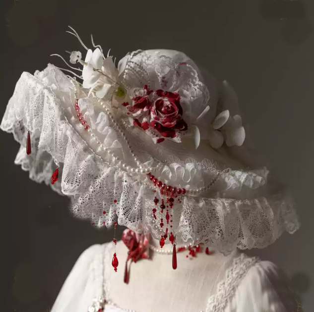 Handmade Lolita Hat with Floral Detailing White Lace Bonnet with Bow