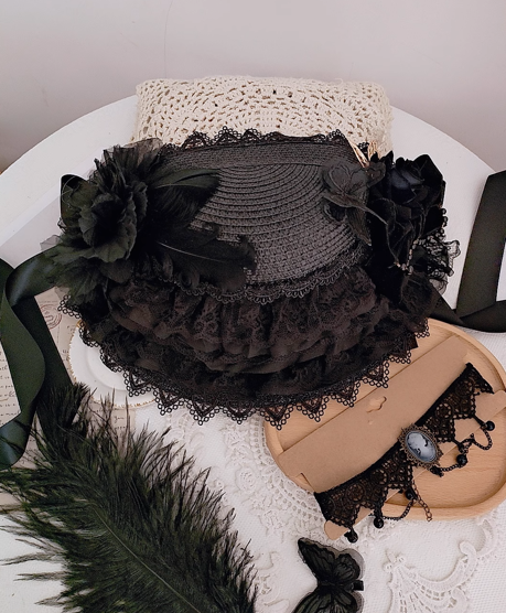 Gothic Black Hat with Dramatic Floral - Lolita Hat with Lace 