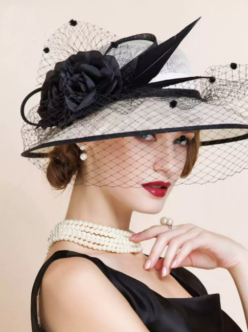 Elegant Beige Linen Hat with Black Floral Embellishments - Bridal Hats with Veil