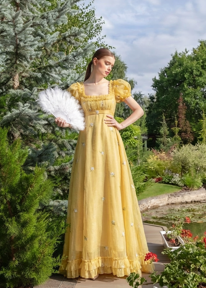 Romantic Yellow Regency Era Embroidered Dress With Ruffle - Empire Waist Dress Plus Size Romantic Yellow Regency Era Embroidered Dress With Ruffle - Empire Waist Dress Plus Size