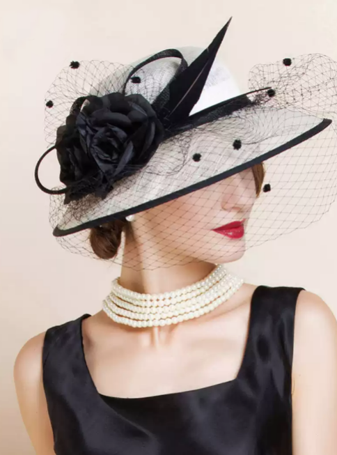 Elegant Beige Linen Hat with Black Floral Embellishments - Bridal Hats with Veil