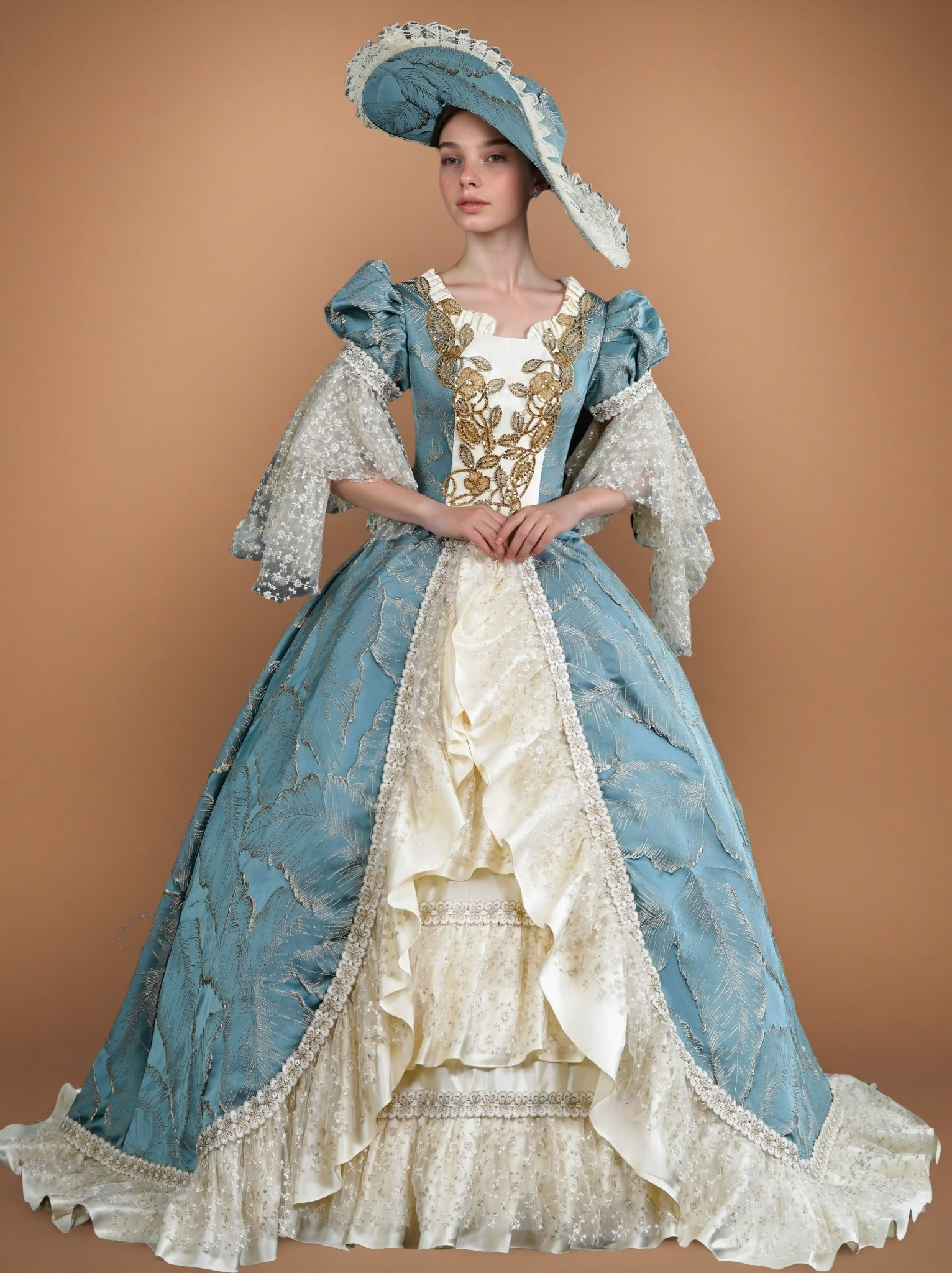 Marie Antoinette Rococo Style Dress in Blue and Ivory with Layered