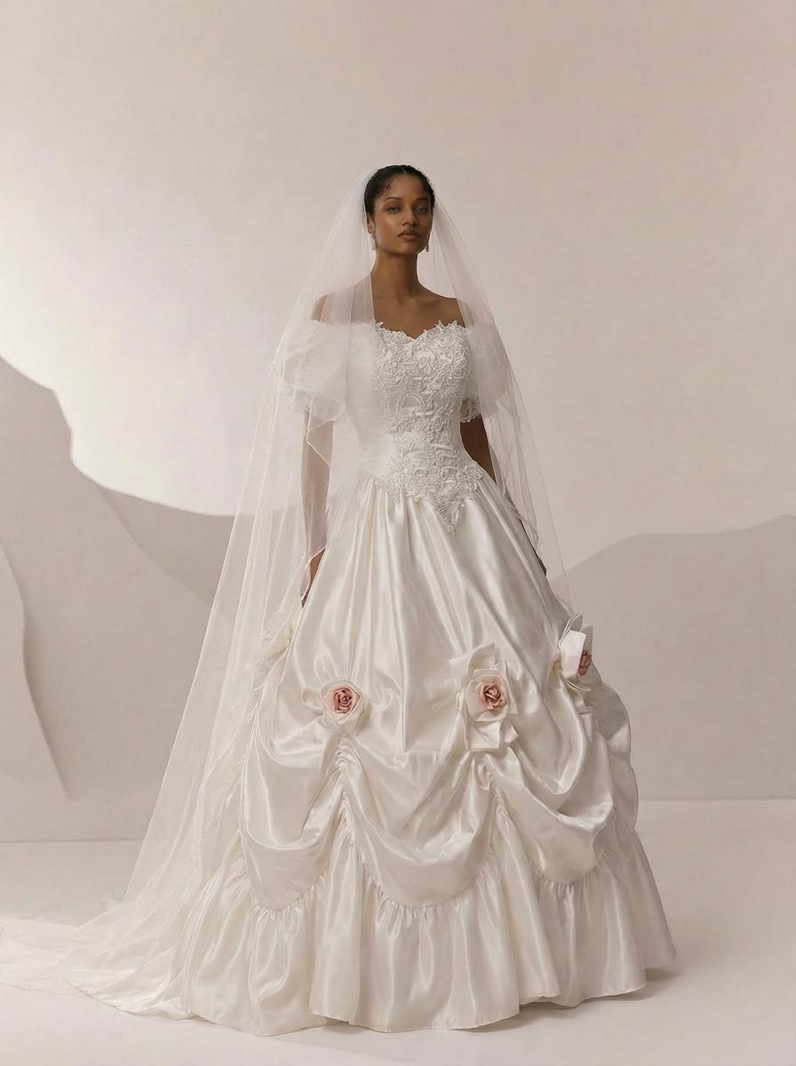Princess Diana Wedding Dress - Antique White Modest Lace Wedding Dress With Floral Satin - Plus Size Princess Diana Wedding Dress - Antique White Modest Lace Wedding Dress With Floral Satin - Plus Size