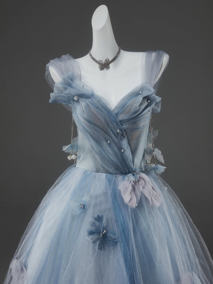 Light Blue Fairy Tale Tulle Gown - Floral Corset Back Wedding Dress Plus Size