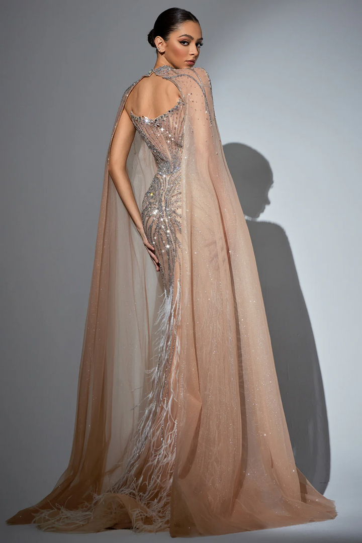 Champagne Sequin and Feather Dress - Designer Sequin Gown with Beaded Corset – Strapless Glitter Dress with Sheer Cape and High Slit Plus Size