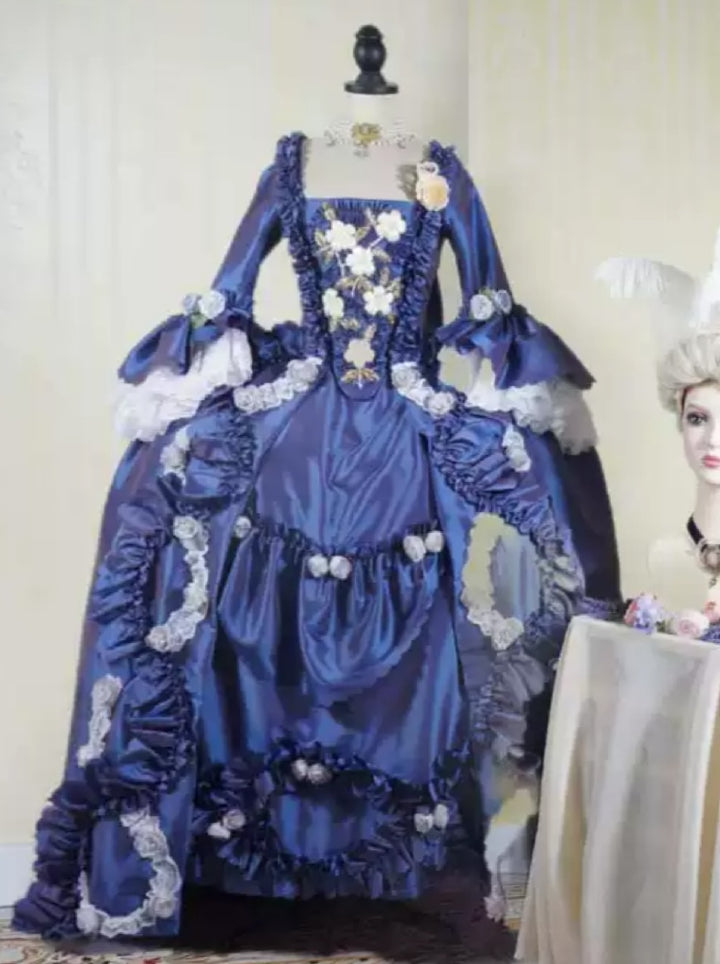 Royal Blue Rococo Ball Gown with Floral Lace and Ruffled Detailing – Victorian-Inspired Wedding Dress with Long Sleeves Plus Size