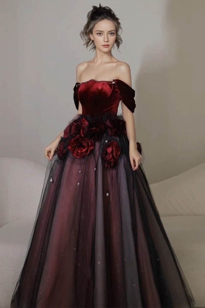 Gothic Black And Red Off Shoulder Ball Gown Wedding Dress With Rose Tulle Plus Size