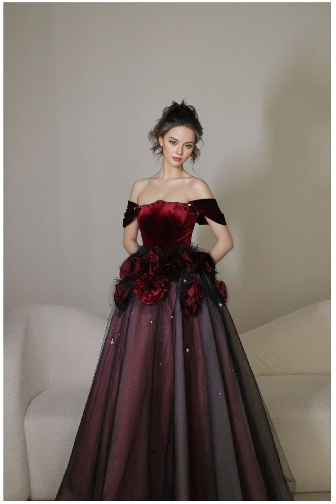 Gothic Black And Red Off Shoulder Ball Gown Wedding Dress With Rose Tulle Plus Size