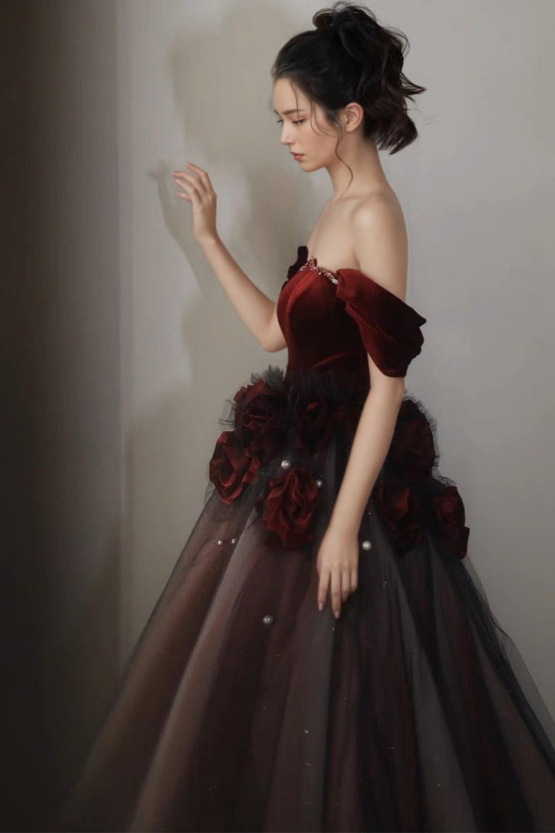 Gothic Black And Red Off Shoulder Ball Gown Wedding Dress With Rose Tulle Plus Size