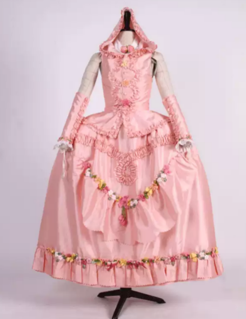 Pink Rococo Ball Gown with Floral Lace and Ruffled Detailing – Victorian-Inspired Wedding Dress with Long Sleeves and Hood Plus Size
