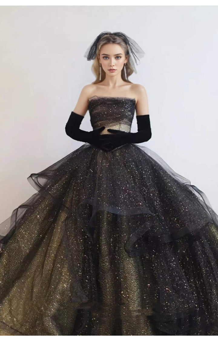 Gothic Dark Fairy Sequined Ball Gown Evening Gown - Strapless Gothic Tulle Wedding Dress Plus Size
